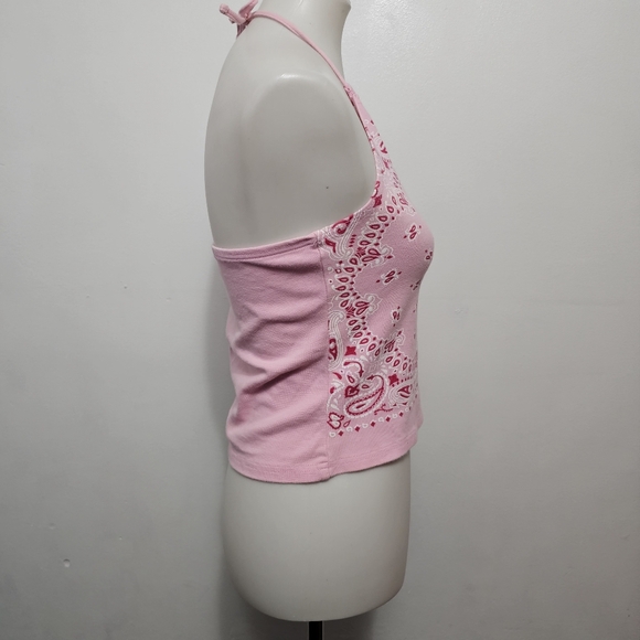 Zoey Beth Y2K Pink & Red Bandana Print Cropped Knit Halter Top Size Medium - Picture 3 of 6